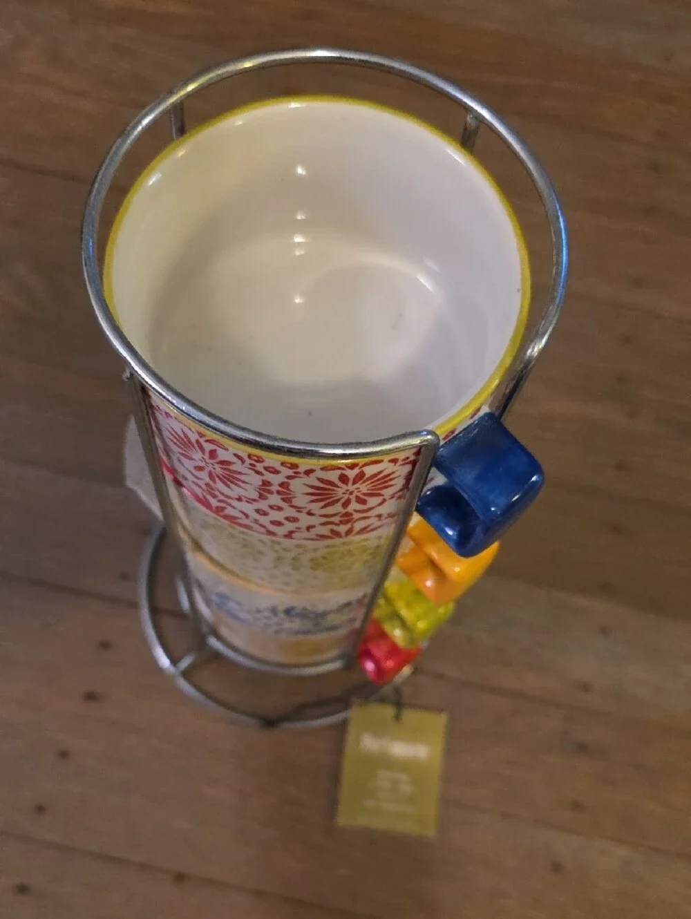 Pier 1 Multicolor Stacked Patterned Ceramic Mugs with Chrome Stand -Set Of 4
